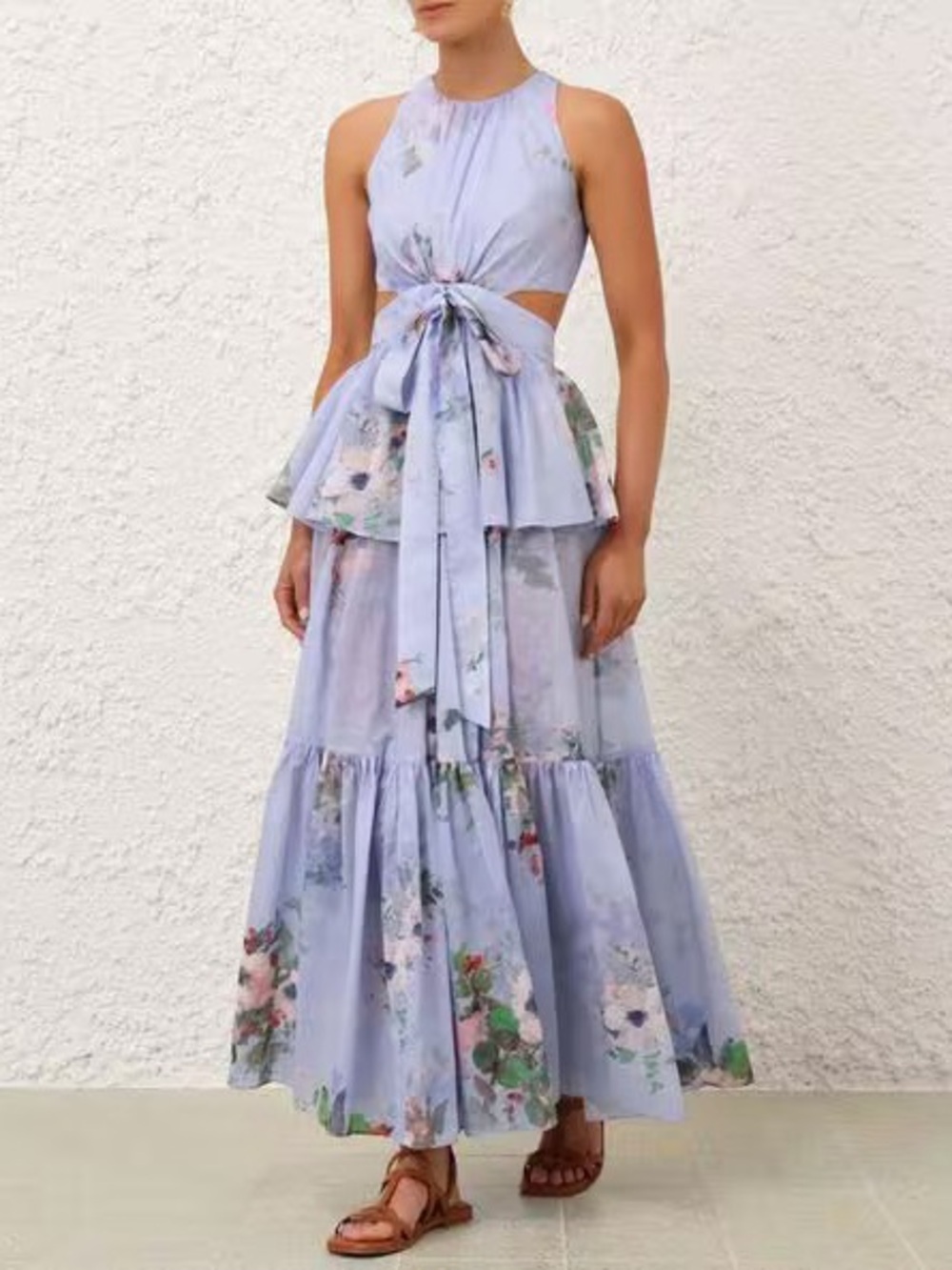 Zimmermann Light Blue Floral Tie-Front Maxi Dress